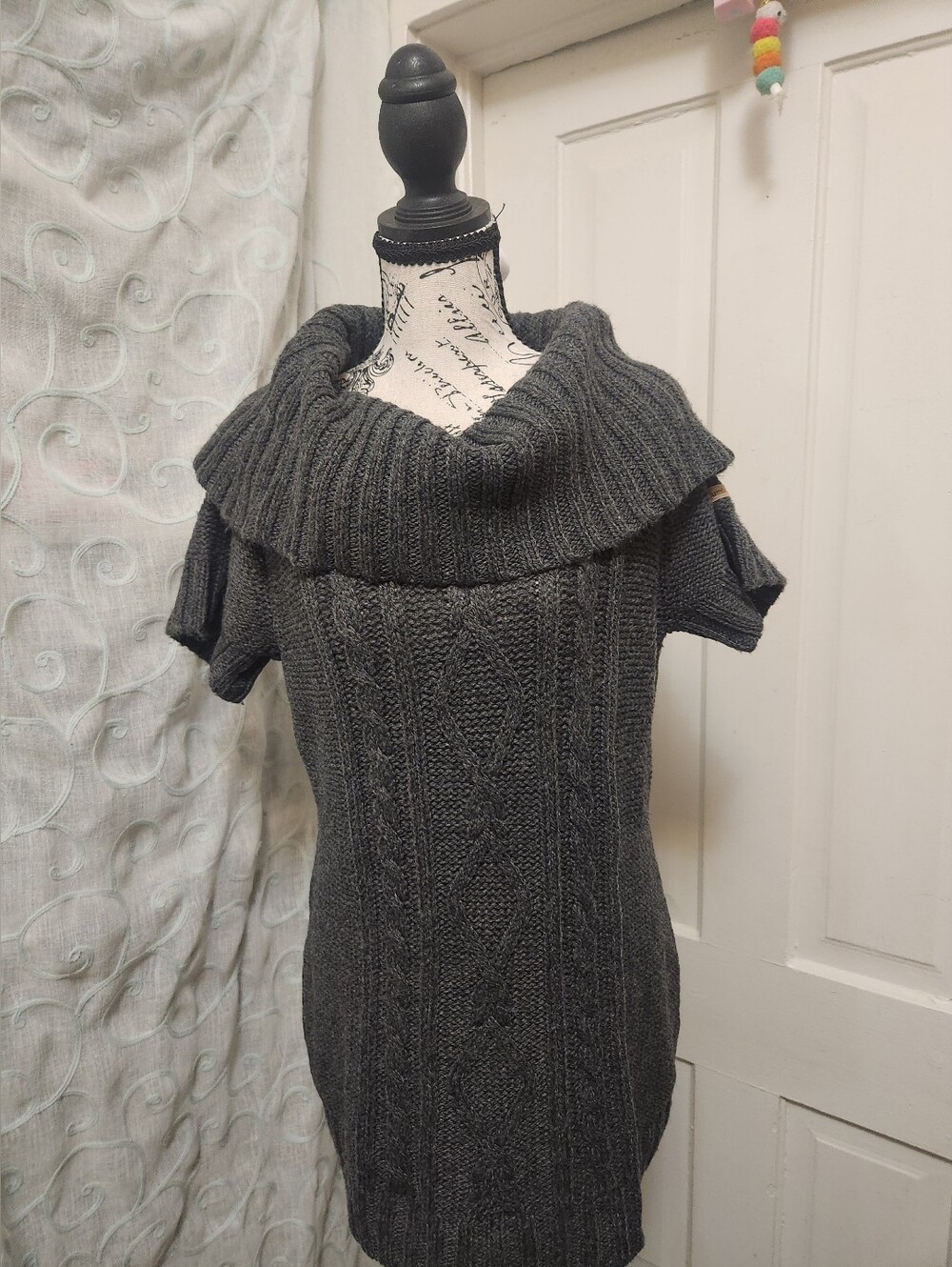 Columbia Cabled Cutie Dark Gray Cowl Neck Tunic Sweater Sz L
